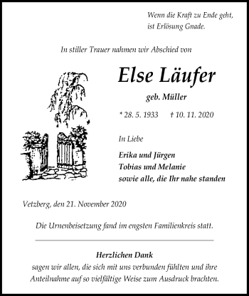 Traueranzeige von Else Läufer von Giessener Allgemeine, Alsfelder Allgemeine