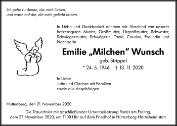 Traueranzeige von Emilie Wunsch von Giessener Allgemeine, Alsfelder Allgemeine