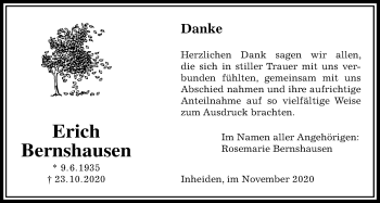 Traueranzeige von Erich Bernshausen von Licher Wochenblatt