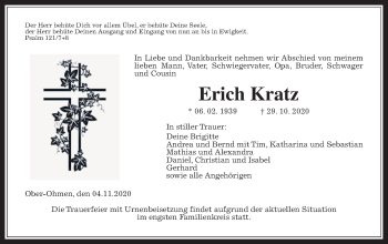 Traueranzeige von Erich Kratz von Alsfelder Allgemeine