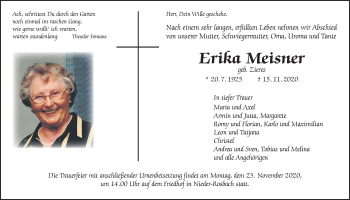 Traueranzeige von Erika Meisner von Wetterauer Zeitung