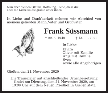 Traueranzeige von Frank Süssmann von Giessener Allgemeine, Alsfelder Allgemeine