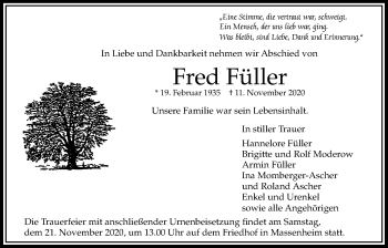 Traueranzeige von Fred Füller von Bad Vilbel/Karben