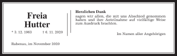 Traueranzeige von Freia Hutter von Rabenauer Zeitung