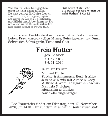 Traueranzeige von Freia Hutter von Giessener Allgemeine, Alsfelder Allgemeine