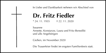 Traueranzeige von Fritz Fiedler von Giessener Allgemeine, Alsfelder Allgemeine