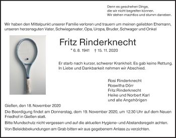 Traueranzeige von Fritz Rinderknecht von Giessener Allgemeine, Alsfelder Allgemeine