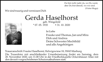 Traueranzeige von Gerda Haselhorst von Wetterauer Zeitung