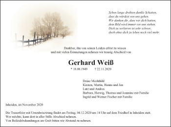 Traueranzeige von Gerhard Weiß von Giessener Allgemeine, Alsfelder Allgemeine