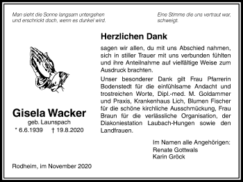 Traueranzeige von Gisela Wacker von Licher Wochenblatt