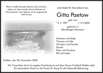 Traueranzeige von Gitta Paetow von Giessener Allgemeine, Alsfelder Allgemeine