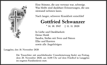 Traueranzeige von Gottfried Schwanzer von Giessener Allgemeine, Alsfelder Allgemeine