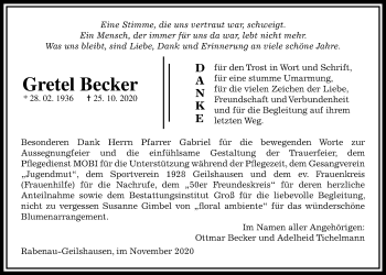 Traueranzeige von Gretel Becker von Giessener Allgemeine, Alsfelder Allgemeine