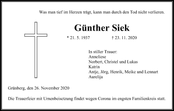 Traueranzeige von Günther Siek von Giessener Allgemeine, Alsfelder Allgemeine