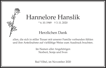 Traueranzeige von Hannelore Hanslik von Bad Vilbel/Karben