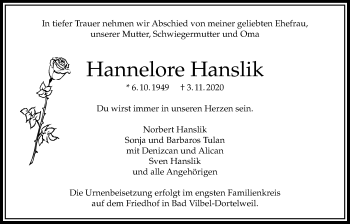 Traueranzeige von Hannelore Hanslik von Bad Vilbel/Karben
