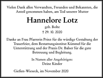 Traueranzeige von Hannelore Lotz von Giessener Allgemeine, Alsfelder Allgemeine