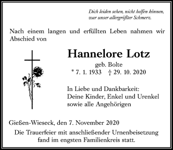 Traueranzeige von Hannelore Lotz von Alsfelder Allgemeine, Giessener Allgemeine