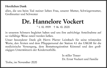 Traueranzeige von Hannelore Vockert von Giessener Allgemeine, Alsfelder Allgemeine