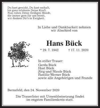 Traueranzeige von Hans Bück von Giessener Allgemeine, Alsfelder Allgemeine