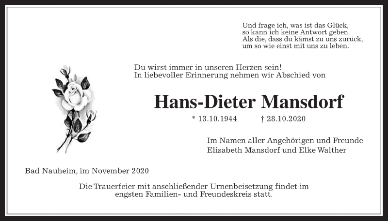  Traueranzeige für Hans-Dieter Mansdorf vom 07.11.2020 aus Wetterauer Zeitung
