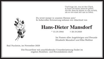Traueranzeige von Hans-Dieter Mansdorf von Wetterauer Zeitung