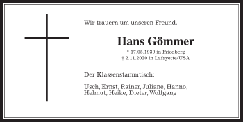 Traueranzeige von Hans Gömmer von Wetterauer Zeitung