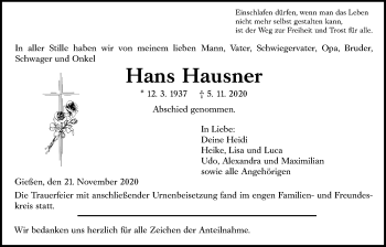 Traueranzeige von Hans Hausner von Giessener Allgemeine, Alsfelder Allgemeine