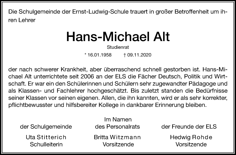  Traueranzeige für Hans-Michael Alt vom 21.11.2020 aus Wetterauer Zeitung