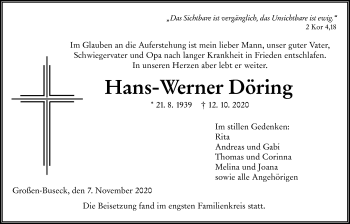 Traueranzeige von Hans-Werner Döring von Alsfelder Allgemeine, Giessener Allgemeine