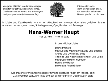 Traueranzeige von Hans-Werner Haupt von Giessener Allgemeine, Alsfelder Allgemeine