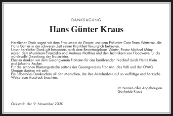 Traueranzeige von Hans Günter Kraus von Giessener Allgemeine, Alsfelder Allgemeine, Wetterauer Zeitung