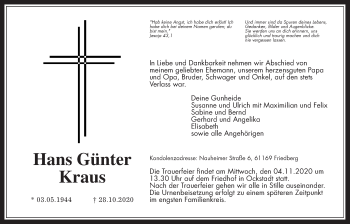 Traueranzeige von Hans Günter Kraus von Wetterauer Zeitung, Giessener Allgemeine, Alsfelder Allgemeine