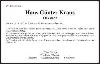 Traueranzeige von Hans Günter Kraus von Wetterauer Zeitung