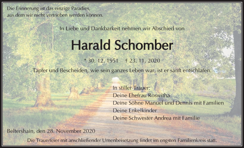  Traueranzeige für Harald Schomber vom 28.11.2020 aus Giessener Allgemeine, Alsfelder Allgemeine