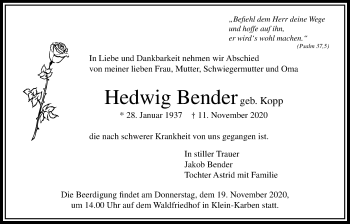 Traueranzeige von Hedwig Bender von Bad Vilbel/Karben