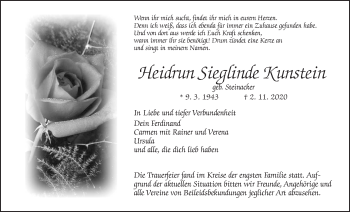 Traueranzeige von Heidrun Sieglinde Kunstein von Wetterauer Zeitung