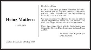 Traueranzeige von Heinz Mattern von Giessener Allgemeine, Alsfelder Allgemeine