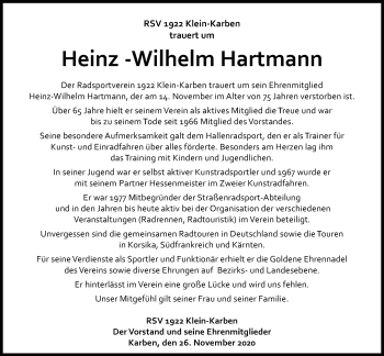 Traueranzeige von Heinz-Wilhelm Hartmann von Bad Vilbel/Karben