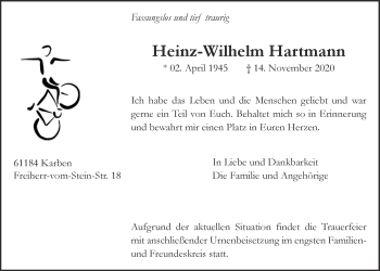 Traueranzeige von Heinz-Wilhelm Hartmann von Wetterauer Zeitung
