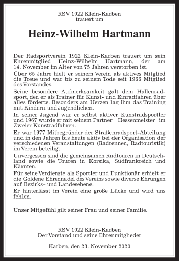 Traueranzeige von Heinz-Wilhelm Hartmann von Wetterauer Zeitung