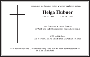 Traueranzeige von Helga Hübner von Wetterauer Zeitung