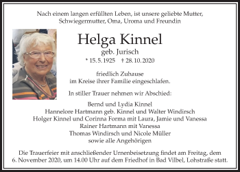 Traueranzeige von Helga Kinnel von Bad Vilbel/Karben