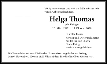 Traueranzeige von Helga Thomas von Wetterauer Zeitung