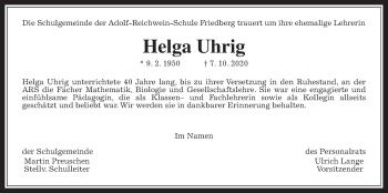 Traueranzeige von Helga Uhrig von Wetterauer Zeitung