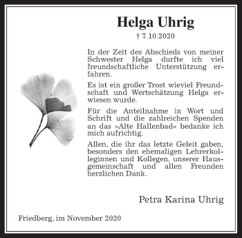 Traueranzeige von Helga Uhrig von Wetterauer Zeitung
