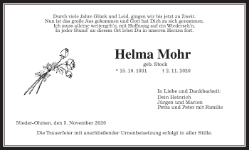 Traueranzeige von Helma Mohr von Alsfelder Allgemeine