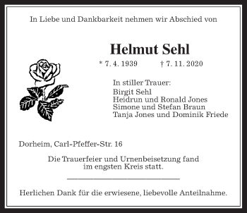 Traueranzeige von Helmut Sehl von Wetterauer Zeitung