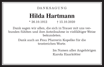 Traueranzeige von Hilda Hartmann von Wetterauer Zeitung