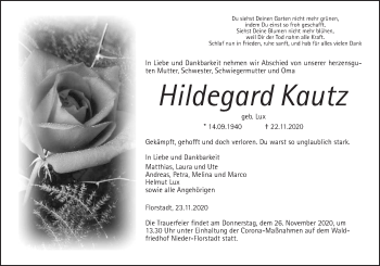 Traueranzeige von Hildegard Kautz von Wetterauer Zeitung